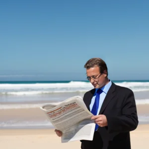 expert comptable qui lit un journal Expert comptable à la plage, d'après l'IA Photoshop